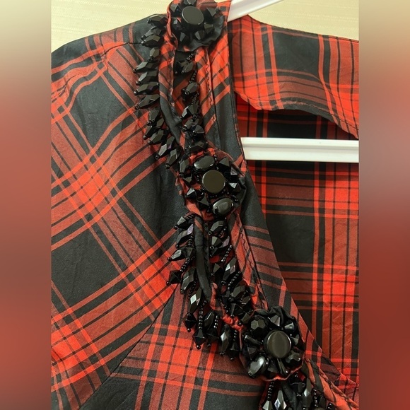 ⚫️ BOGO J.Crew women’s red plaid silk blouse with beaded neckline - Picture 2 of 8